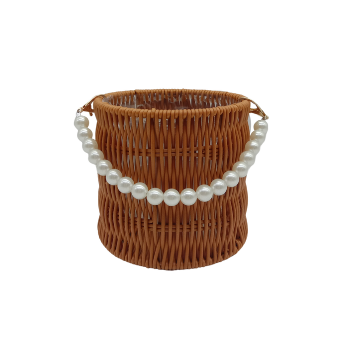 Round Rattan Flower Basket + Pearl Handle 6"  (DARK BROWN)