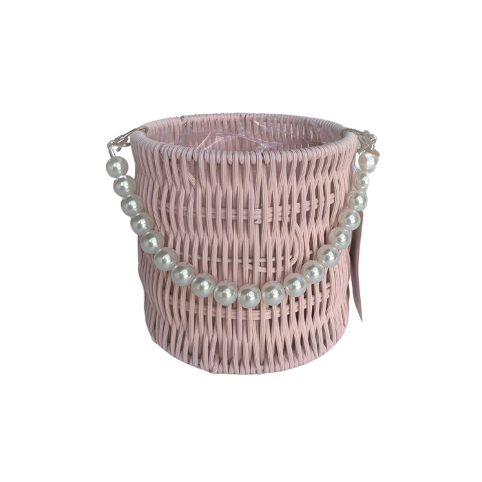 Round Rattan Flower Basket + Pearl Handle 6"  (PINK)