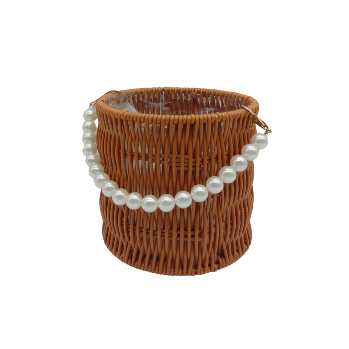 Round Rattan Flower Basket + Pearl Handle 6"  (DARK BROWN)