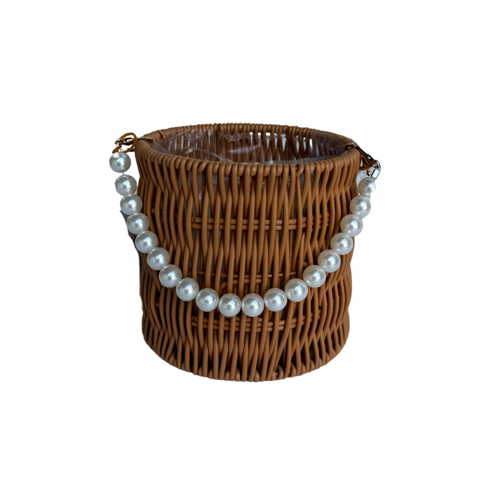 Round Rattan Flower Basket + Pearl Handle 6"  (DARK BROWN)