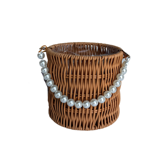 Round Rattan Flower Basket + Pearl Handle 6"  (LIGHT BROWN)