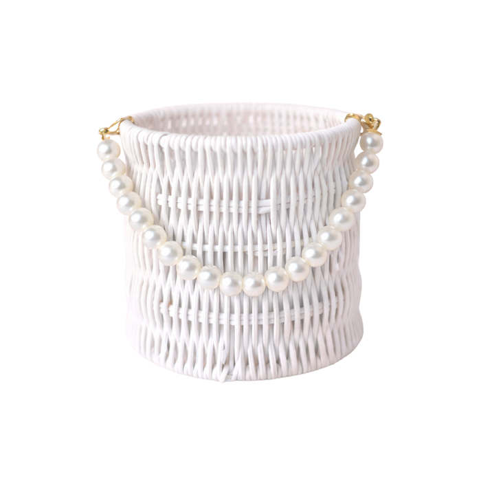 Round Rattan Flower Basket + Pearl Handle 6"  (WHITE)