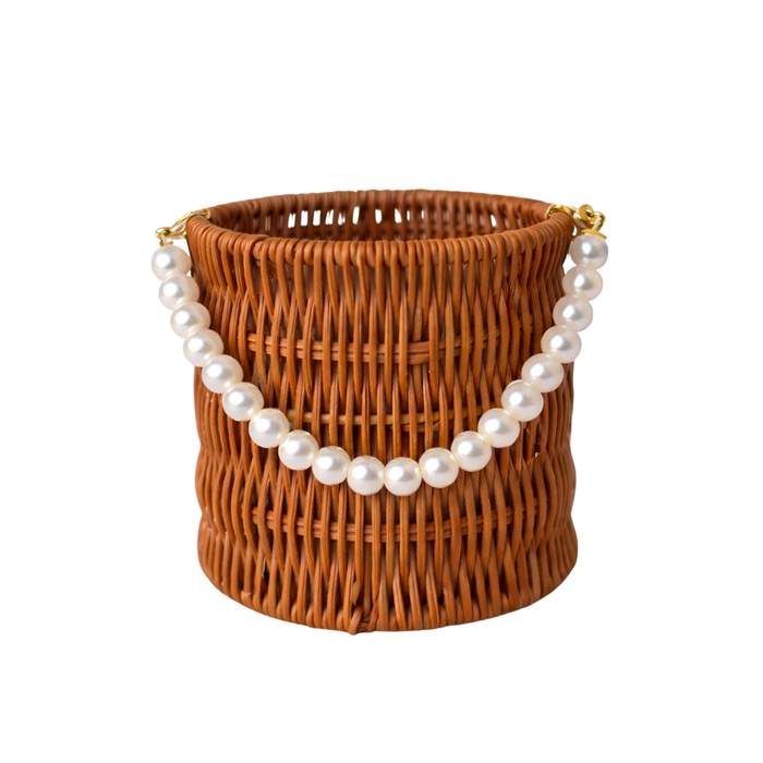 Round Rattan Flower Basket + Pearl Handle 6"  (DARK BROWN)