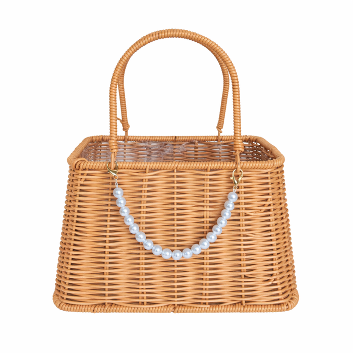 Woven Flower Bag Basket + Pearl Handle 10" (DARK BROWN)
