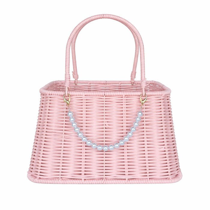 Woven Flower Bag Basket + Pearl Handle 10" (PINK)