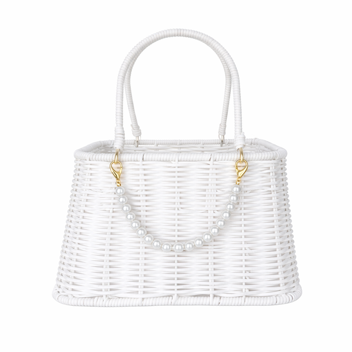 Woven Flower Bag Basket + Pearl Handle 10" (WHITE)