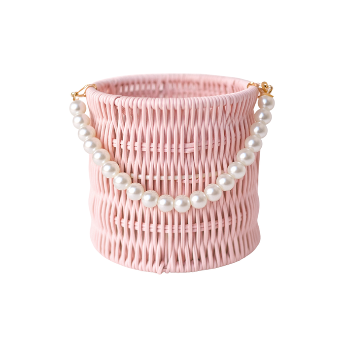 Round Rattan Flower Basket + Pearl Handle 6"  (PINK)