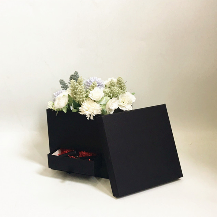Square Satin Floral Box with Drawer (BLACK)